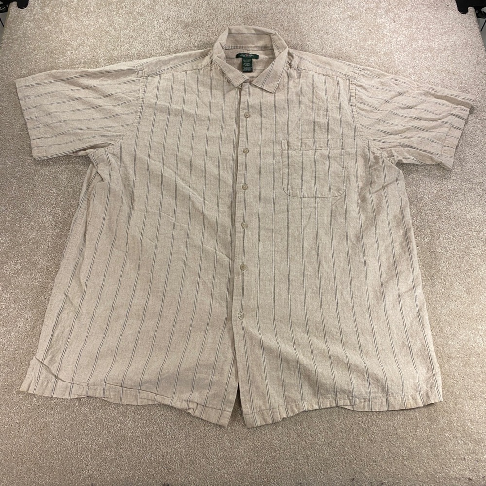 David Taylor Button Up Mens 2XLT Beige Linen Blend Striped Tall Short Sleeve